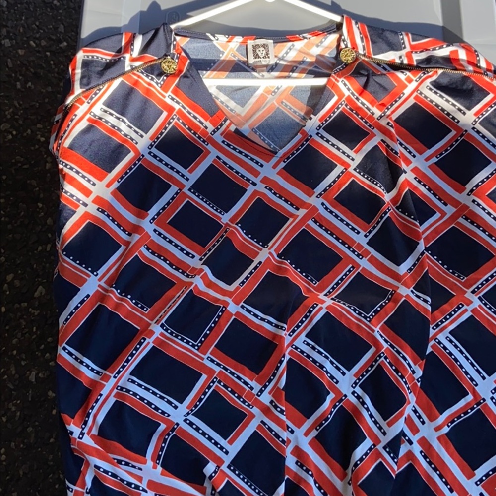 Ann Klein Blouse - Orange, Blue, & White Top
